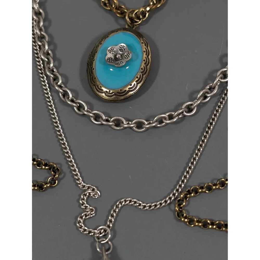 Two Tone‎ Layered Necklace Bird Charm Blue Enamel Locket Distressed 22in